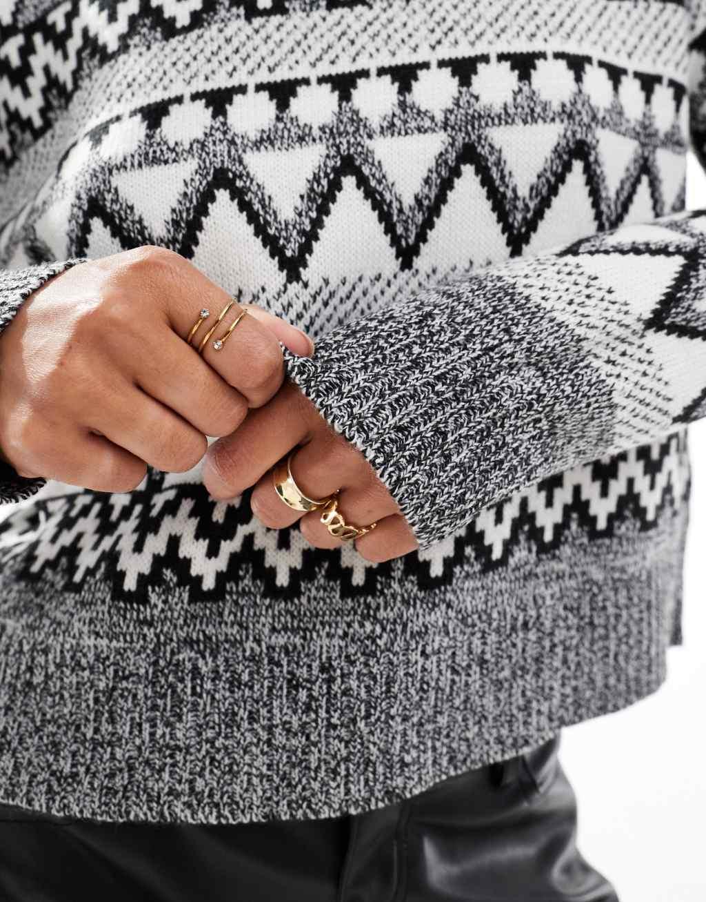 Brave Soul high neck fairisle sweater in black, gray and white  Product Image