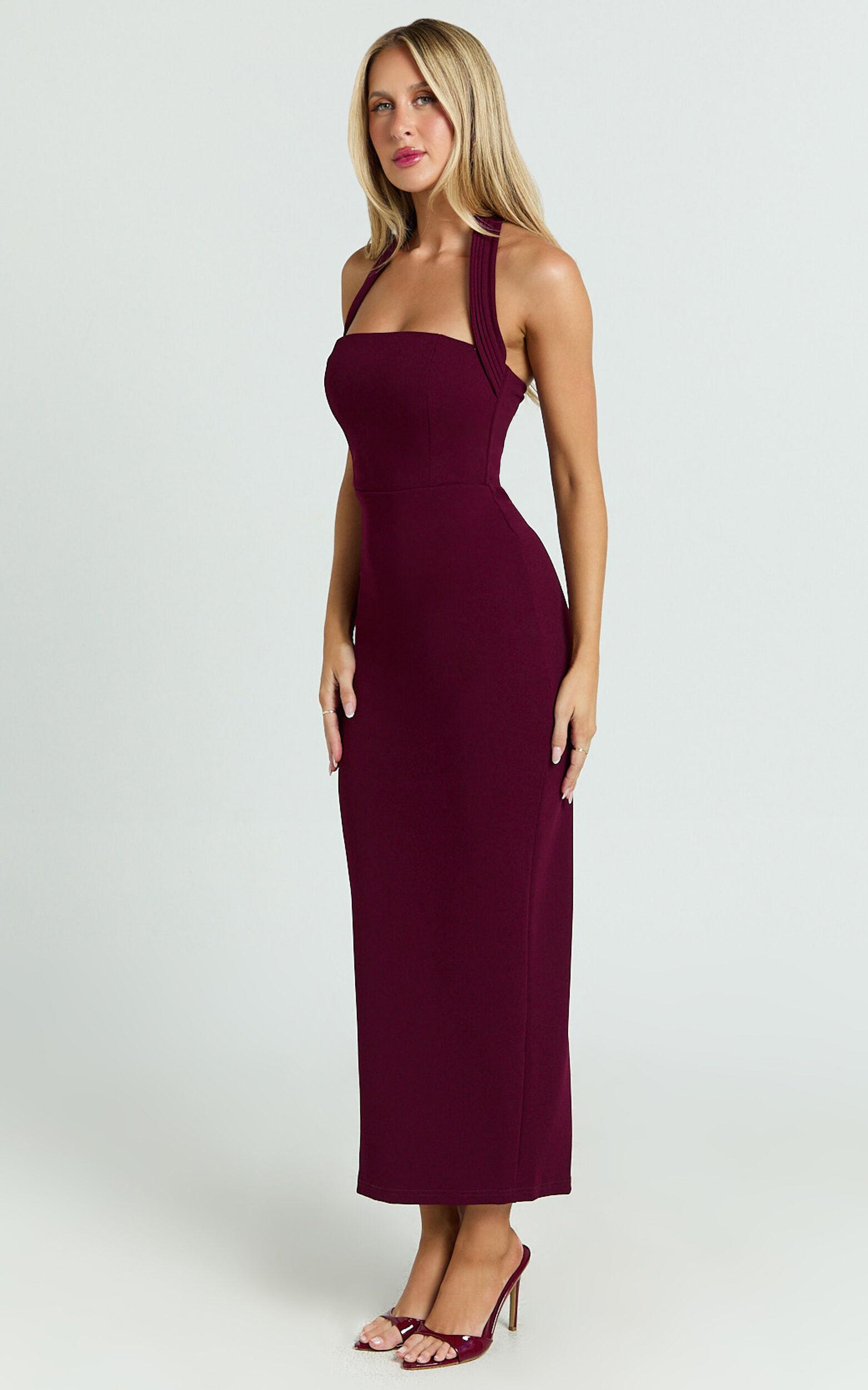 Salome Midi Dress - Halter Neck Column Dress in Wine Product Image