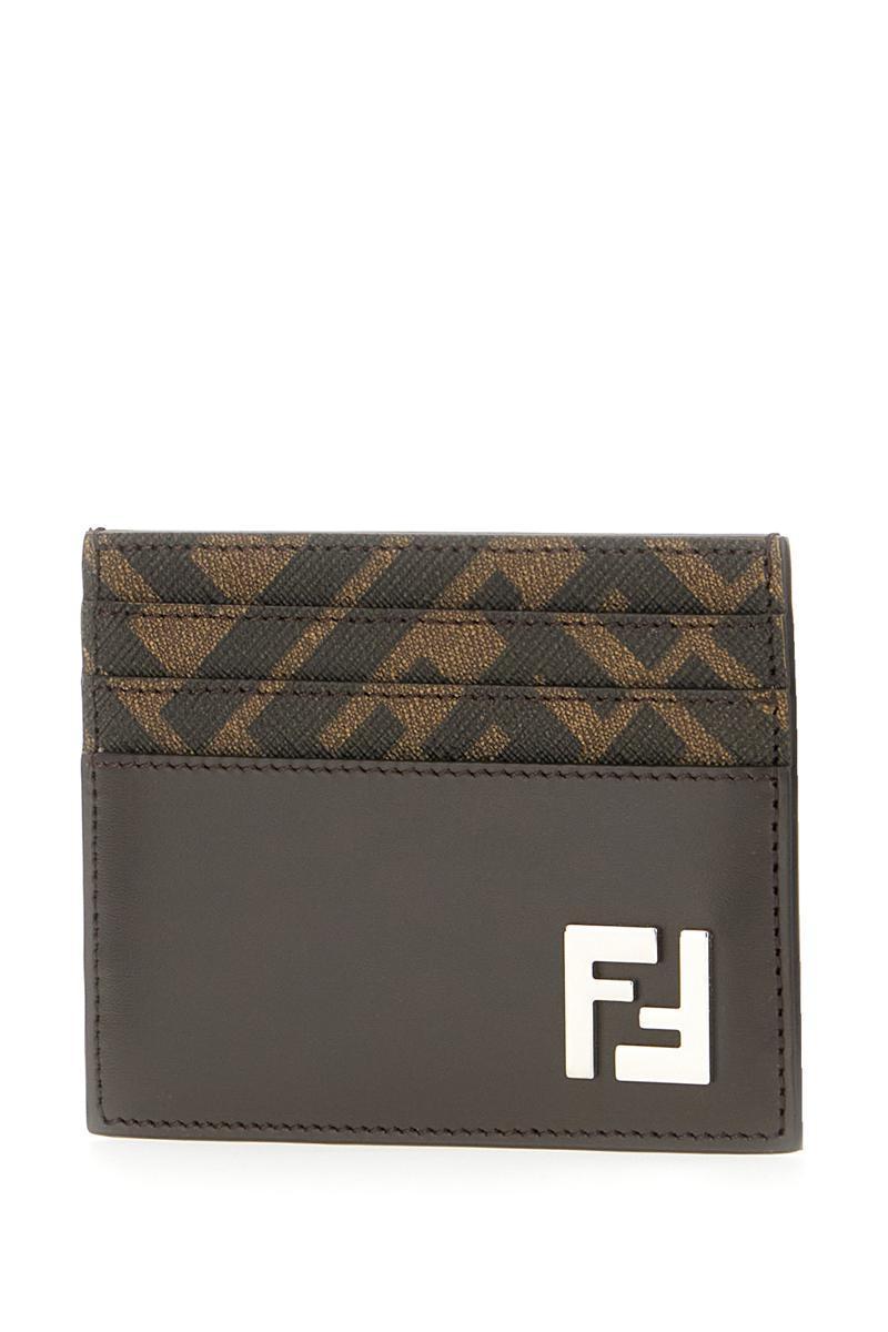FENDI Brown Card-holder With Squared Ff Motif In Leather And Ff Canvas Man In Ebony Product Image