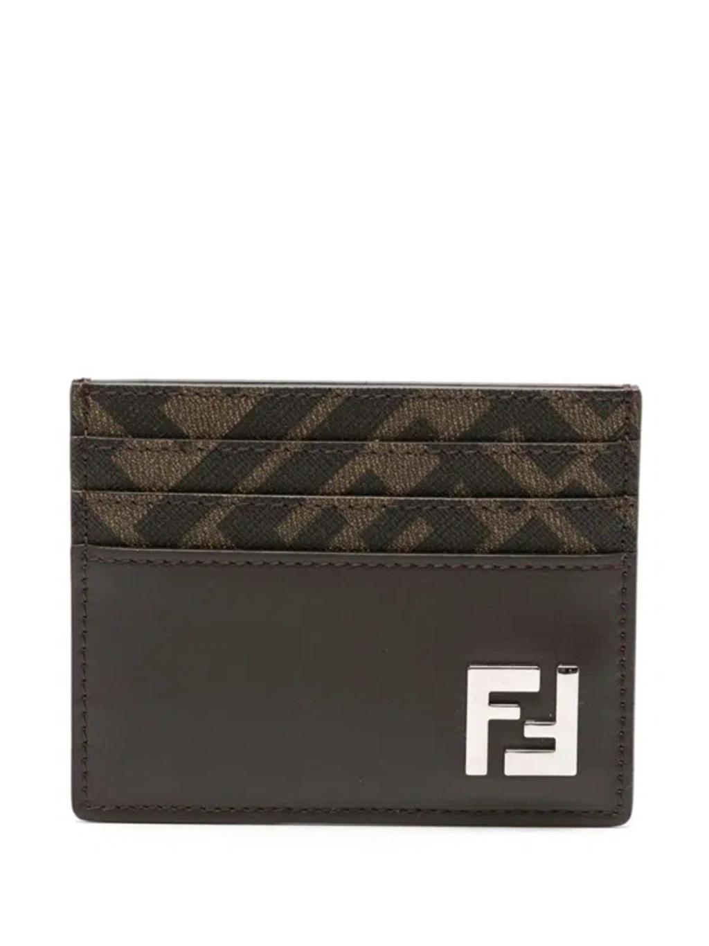 FENDI Brown Card-holder With Squared Ff Motif In Leather And Ff Canvas Man In Ebony Product Image