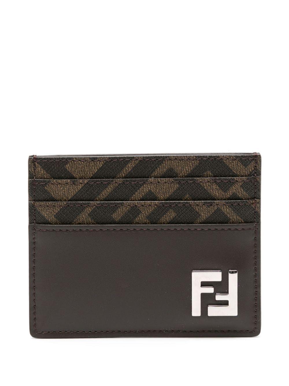 FENDI Brown Card-holder With Squared Ff Motif In Leather And Ff Canvas Man In Ebony Product Image