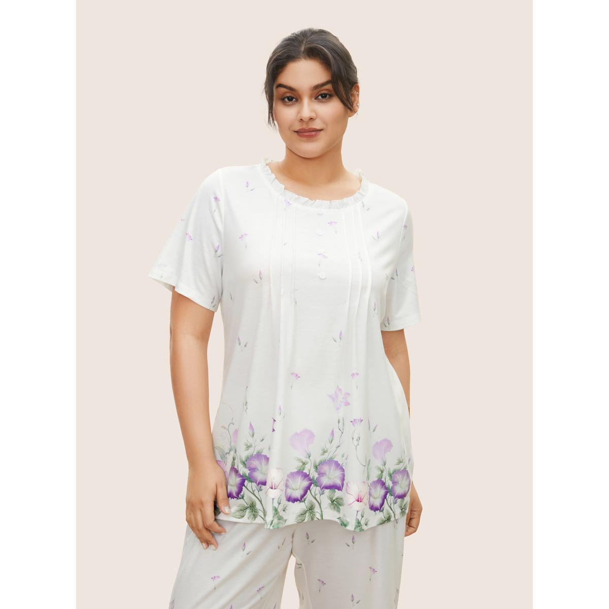 Plus Size Floral Pleated Button Detail Loungewear Set Women White Contrast Short sleeve Round Neck Lounge Loungewear Sets BloomChic 10/M Product Image