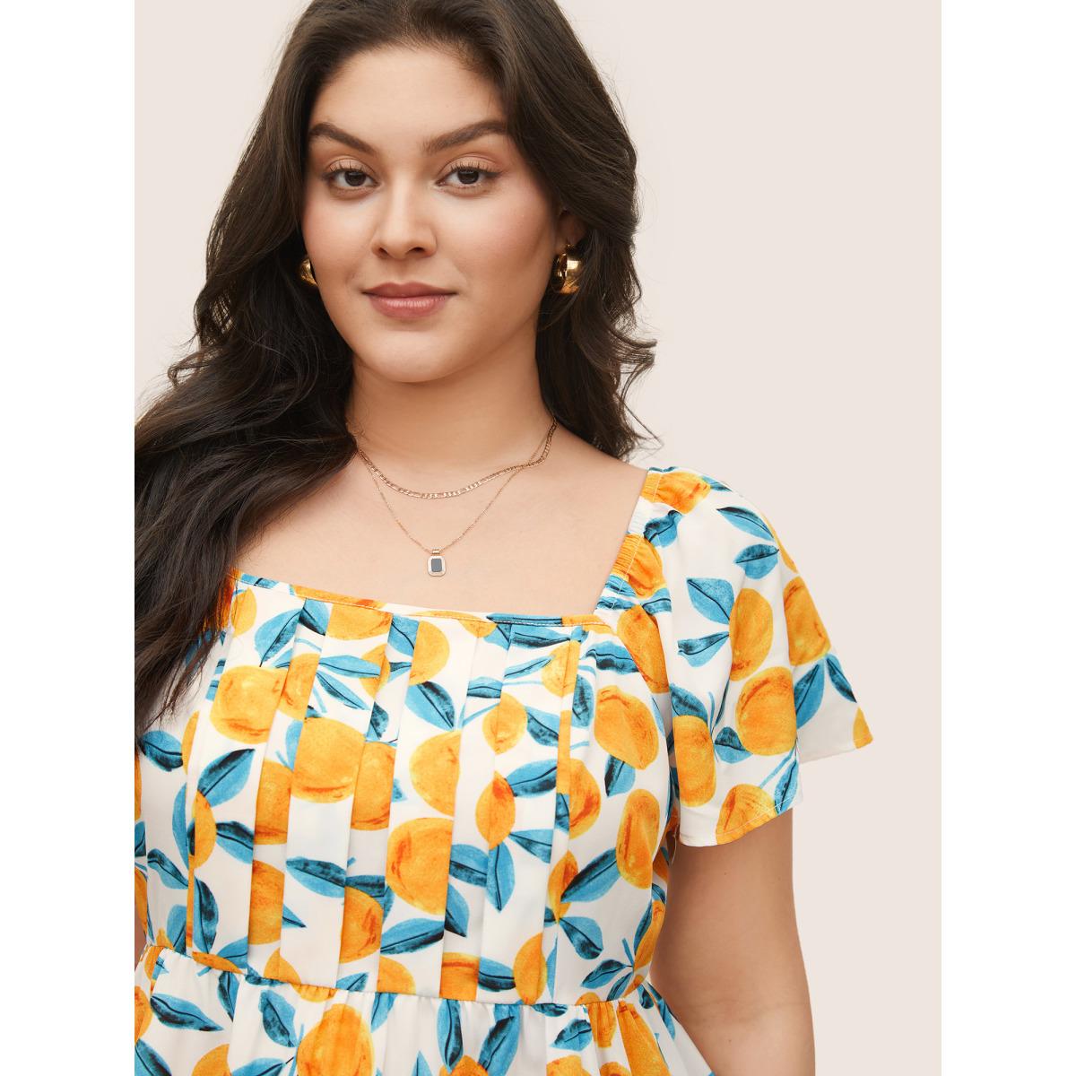 Plus Size Ivory Citrus Square Neck Orange Print Pleated Blouse Women Elegant Short sleeve Square Neck Everyday Blouses BloomChic 12/L Product Image