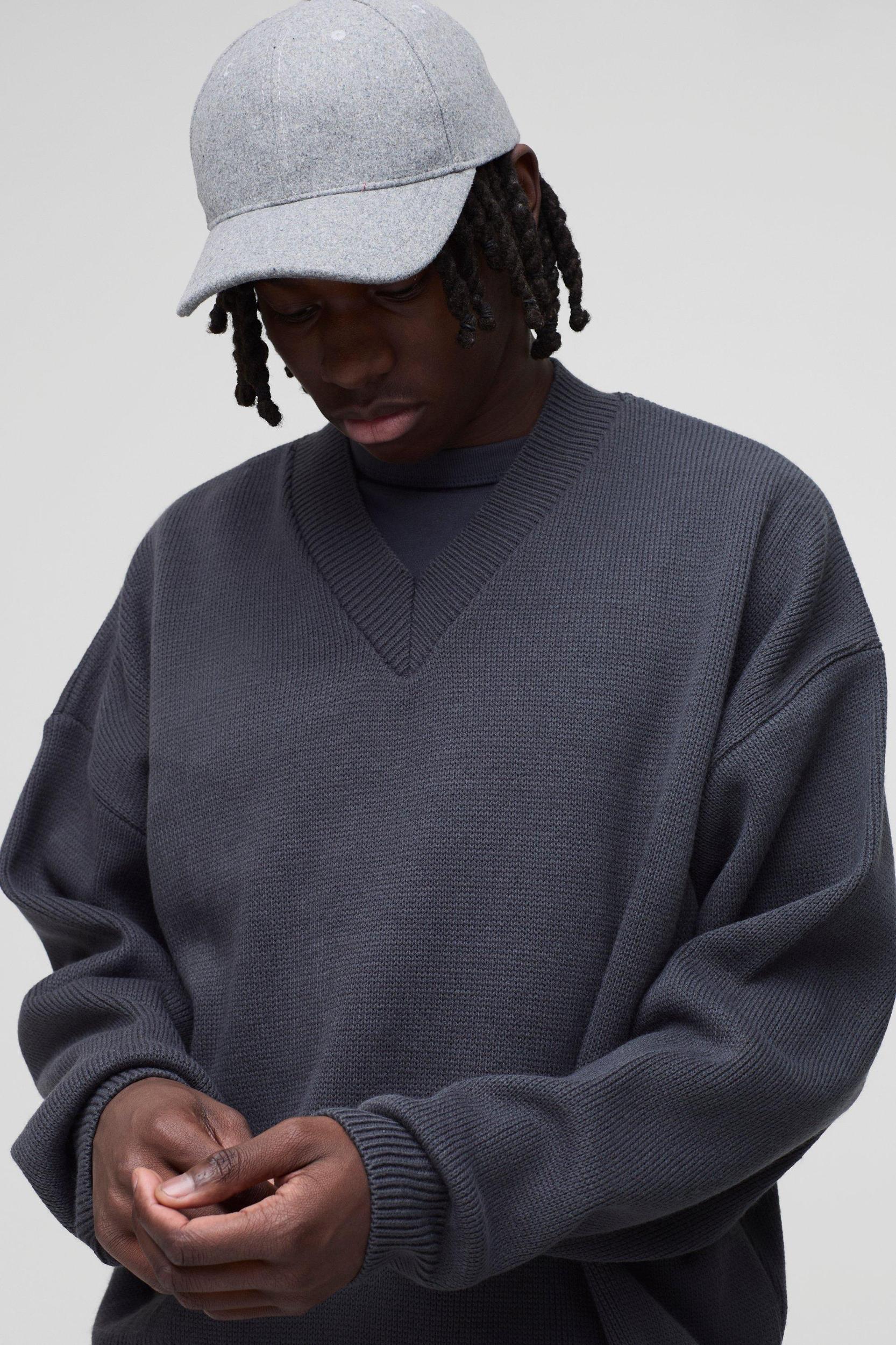 Oversized Boxy V Neck Knitted Sweater | boohooMAN USA Product Image