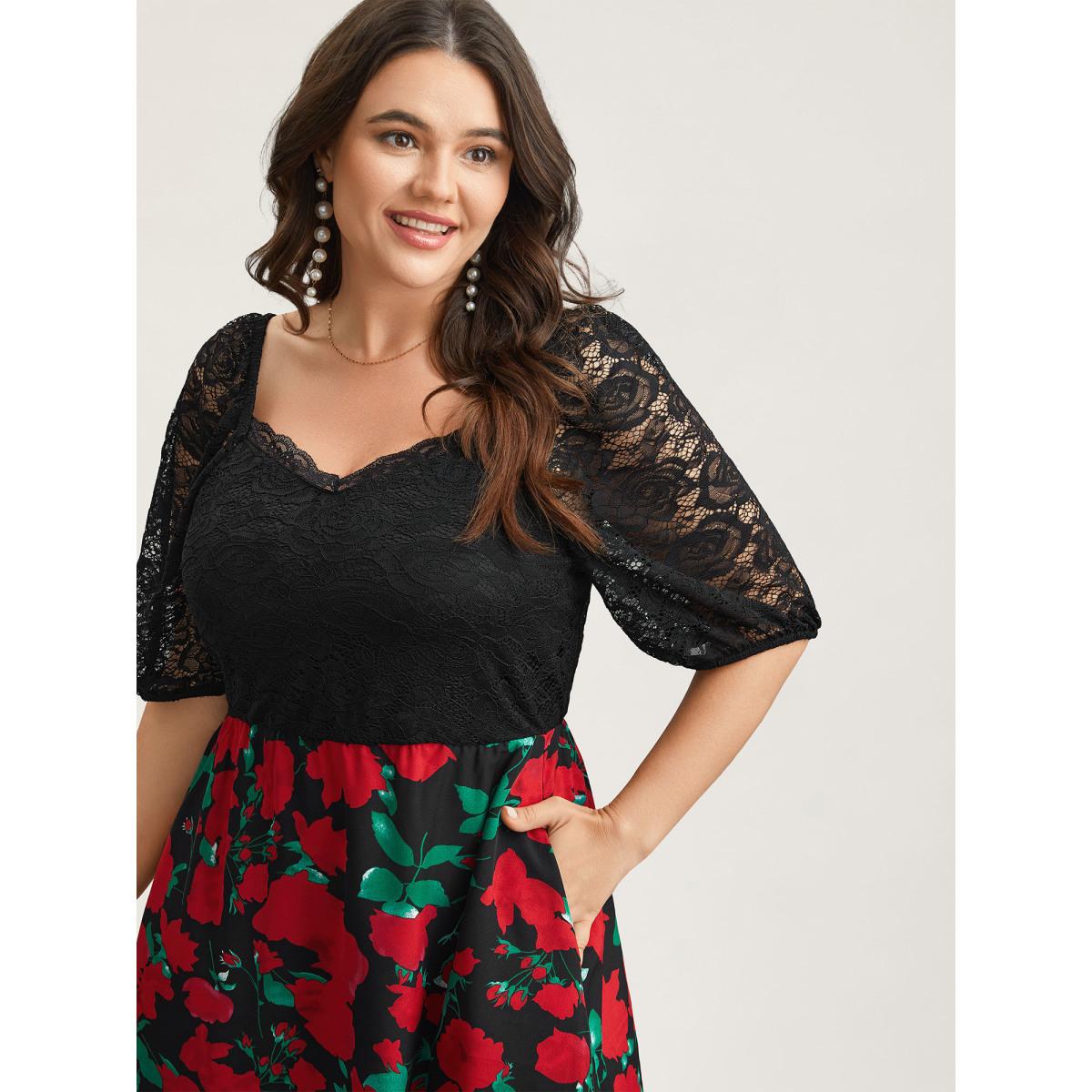 Plus Size Mix Print Sheer Lace Sleeve Maxi Dress Black Women Elegant Woven ribbon&lace trim Heart neckline Short sleeve Curvy BloomChic 28/5X Product Image