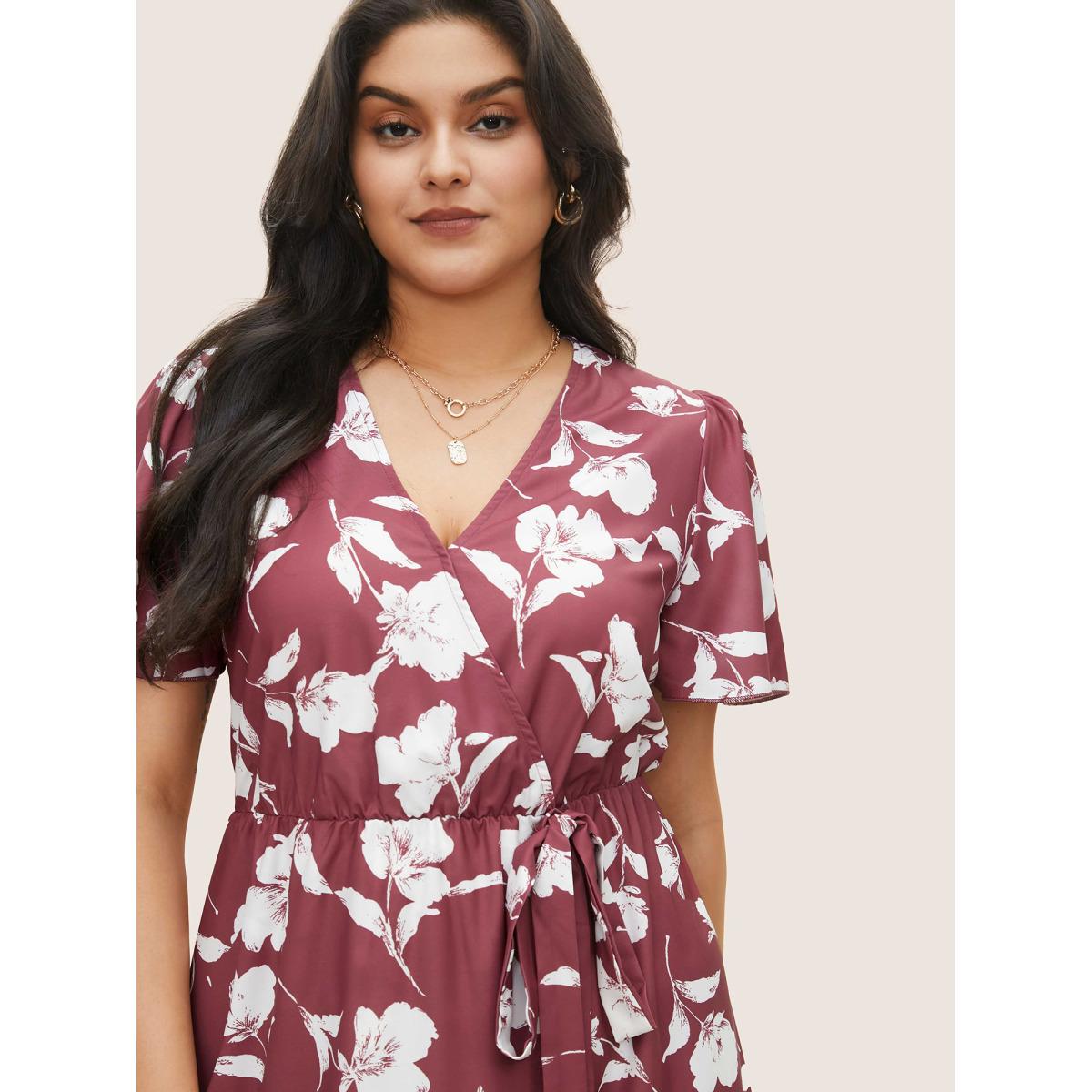 Plus Size Floral Ruffle Knot Side Wrap Dress DustyPink Women Elegant Ruffles V-neck Short sleeve Curvy Midi Dress BloomChic 22-24/3X Product Image