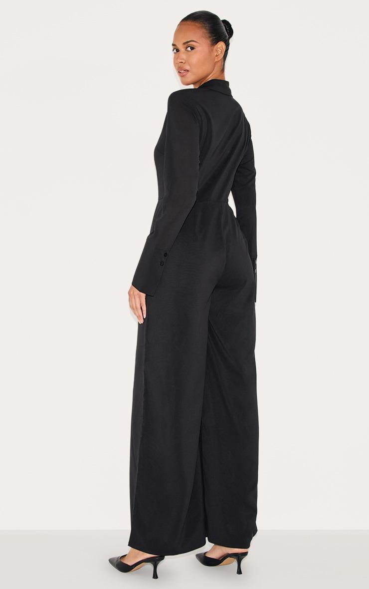  Black Chiffon Long Sleeve Cinched Wide Leg Jumpsuit Product Image