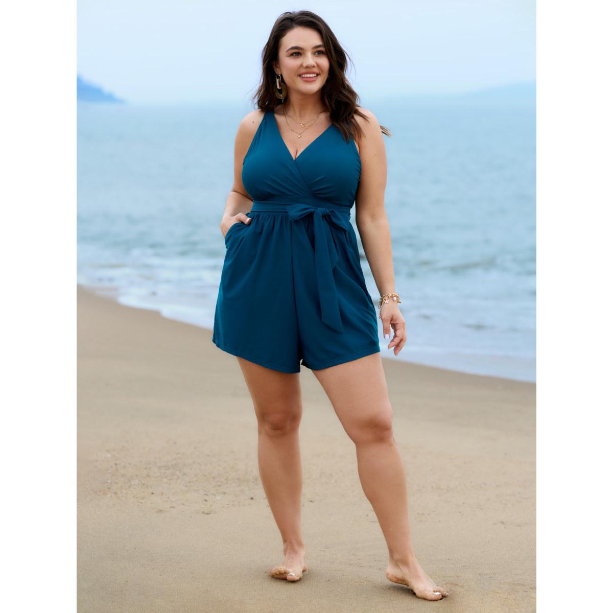 Plus Size Surplice Neckline Belted Plain One-Piece Swimsuit Women's Swimwear Indigo Resort Tie knot Curve Bathing Suits High stretch One Pieces BloomChic 22-24/3X Product Image