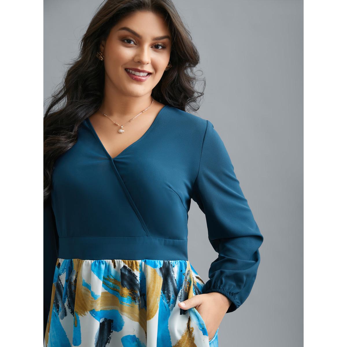 Plus Size Brush Stroke Print Contrast Spliced Dress Aegean Women Elegant Patchwork Overlap Collar Long Sleeve Curvy BloomChic 22-24/3X Product Image