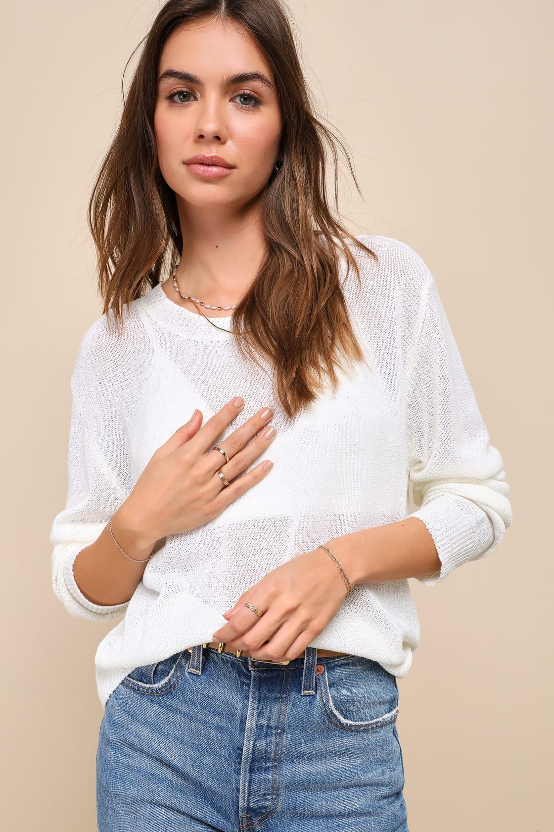 Clean Aesthetic White Long Sleeve Sweater Top Product Image