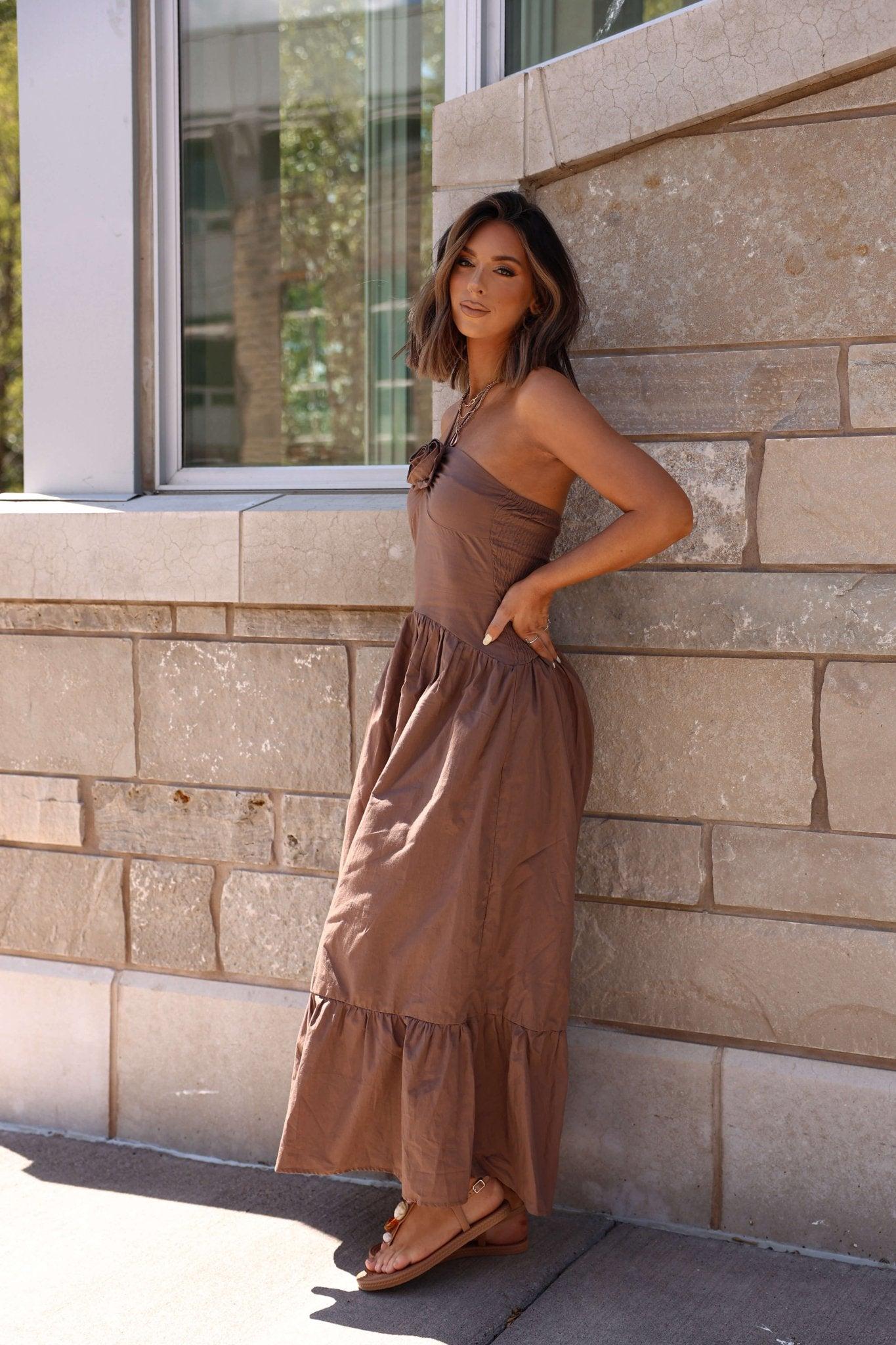 Mocha Rosette Detail Halter Tiered Maxi Dress - FINAL SALE Product Image