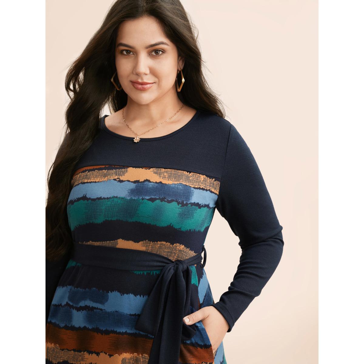 Plus Size Contrast Striped Round Neck Midi Dress Indigo Women Casual Belted Knit Dresses Bloomchic 26/4X Product Image