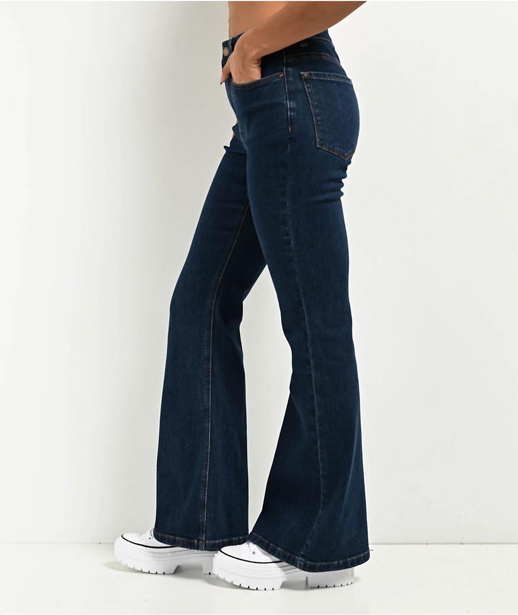 Empyre Glimmer Evening Dark Blue Wash Mid Rise Flare Jeans Product Image