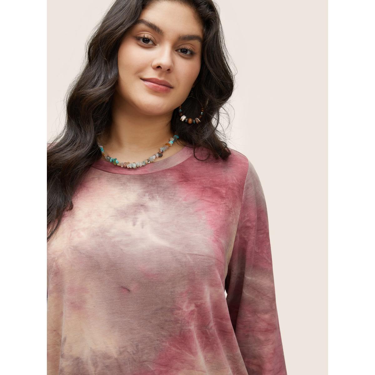 Plus Size Tie Dye Round Neck Sweatshirt Women Burgundy Casual Non Round Neck Everyday Sweatshirts BloomChic 10/M Product Image