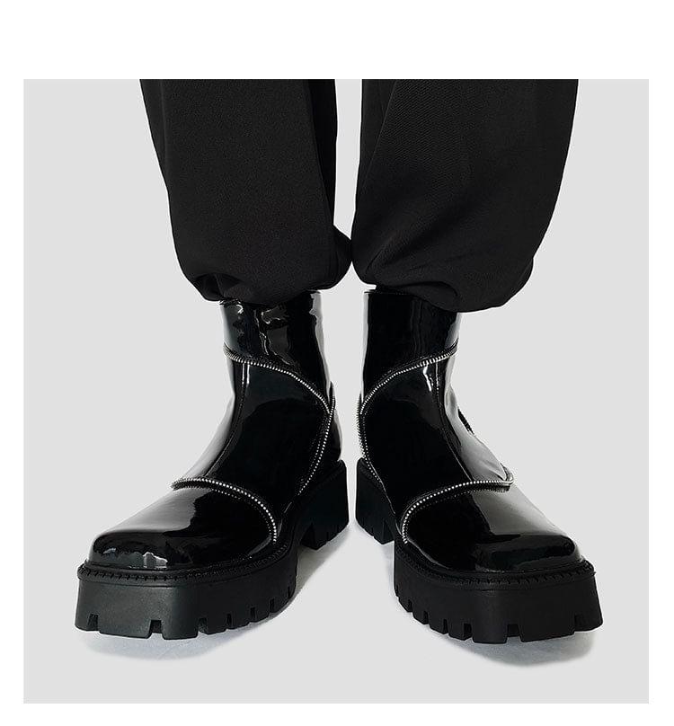 Platform Square Toe Plain Zipped Genuine Leather Short Boots Product Image