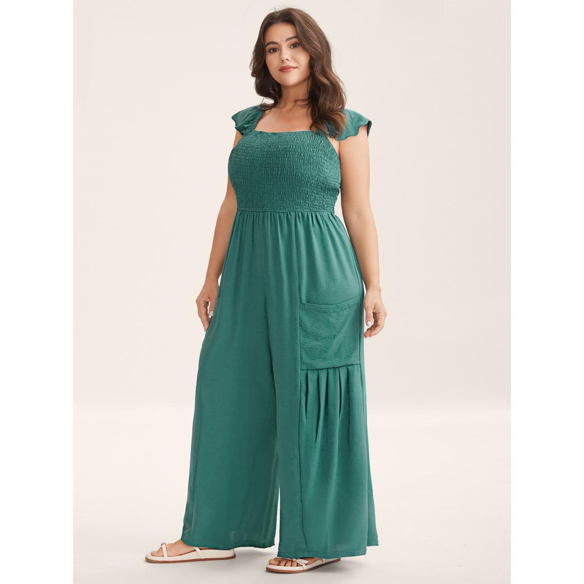 Plus Size Emerald Shirred Ruffles Pockets Plain Jumpsuit Women Sleeveless Non Everyday-Casual Loose Jumpsuits BloomChic 18-20/2X Product Image