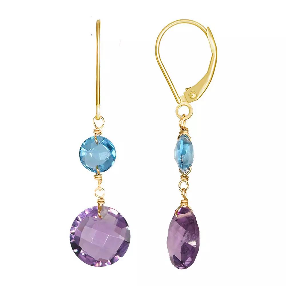 Jewelmak 14k Gold Swiss Blue Topaz & Amethyst Coin Dangle Leverback Earrings, Women's Product Image