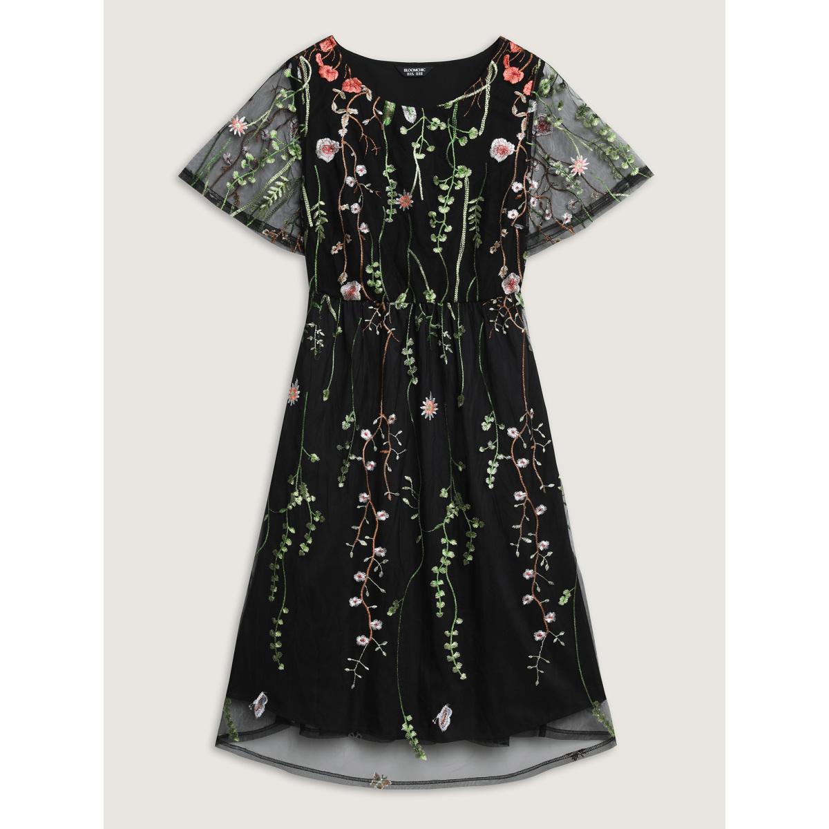 Plus Size Plant Embroidery Sheer Cinched-Waist Midi Dress Black Women Round Neck Short sleeve Curvy BloomChic 14-16/1X Product Image