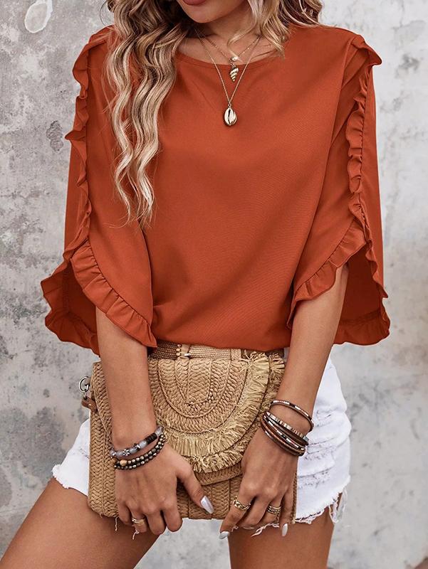 Loose Three-Quarter Sleeves Pleated Ruffled Solid Color Split-Joint Round-Neck Blouses&Shirts Tops Product Image