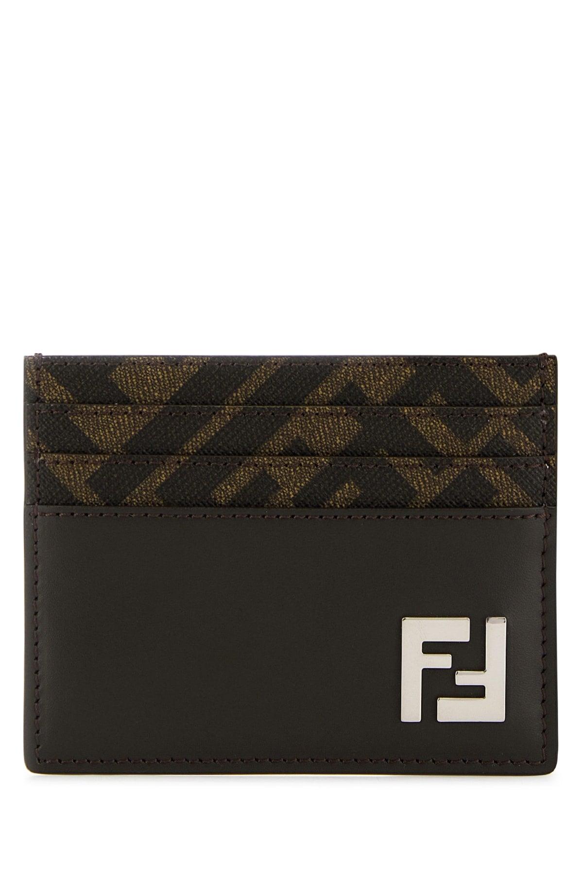 FENDI Brown Card-holder With Squared Ff Motif In Leather And Ff Canvas Man In Ebony Product Image