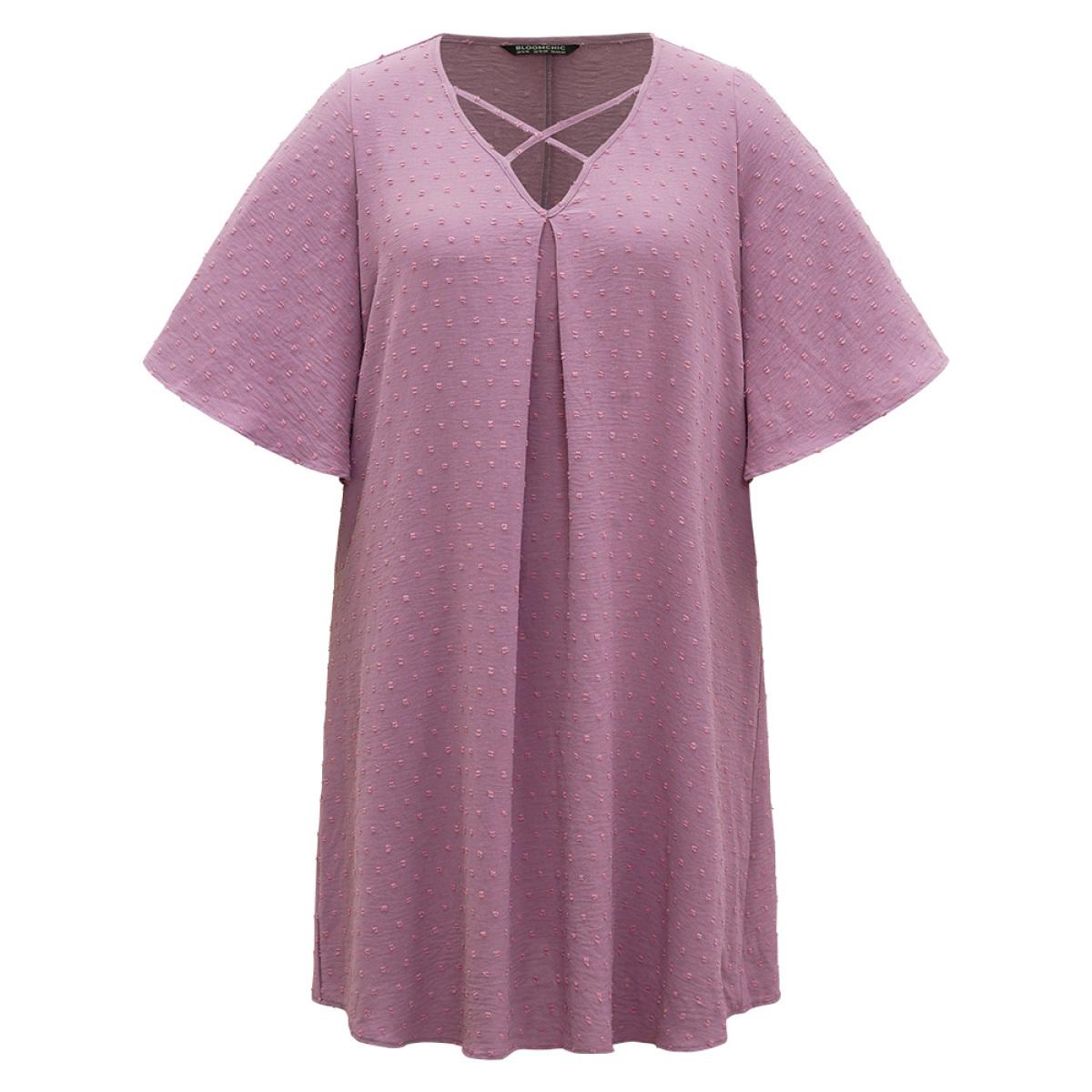 Plus Size Plain Textured Plicated Detail Crisscross Ruffle Sleeve Dress Lilac Women Casual Texture V-neck Half Sleeve Curvy Midi Dress BloomChic 14-16/1X Product Image