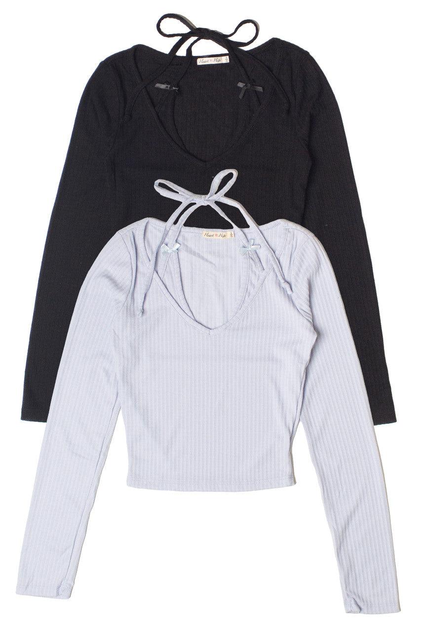 Layered Halter Bow Long Sleeve Top Product Image