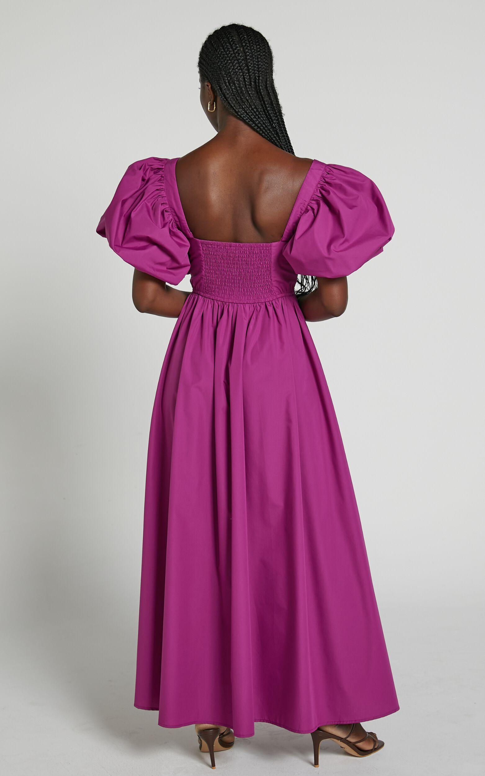 Raiza Midi Dress - Shirred Waist Puff Sleeve Dress in Orchid Product Image