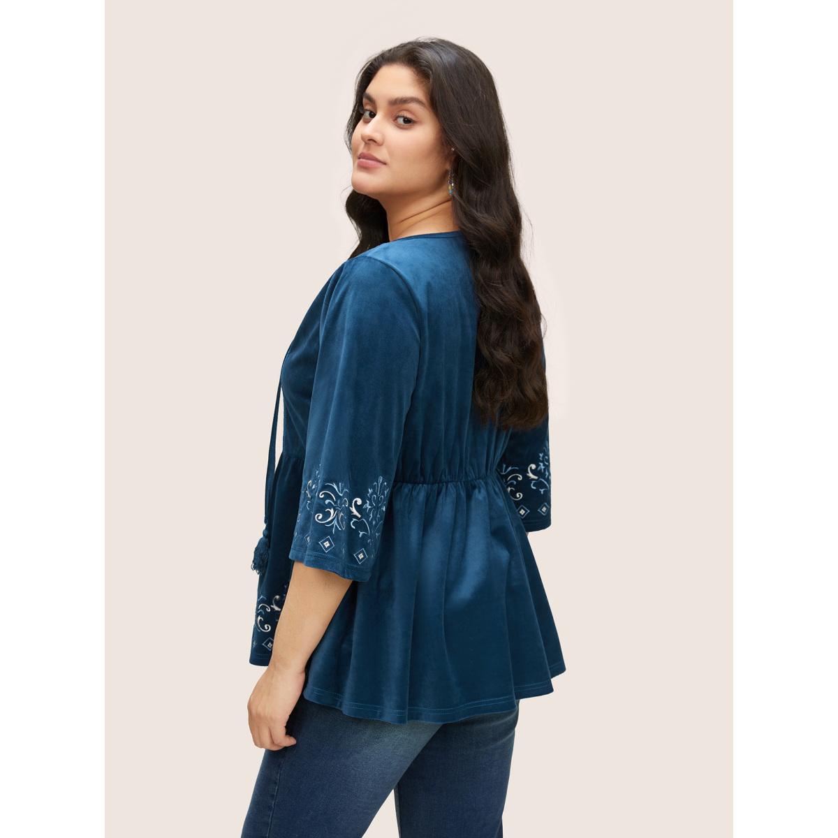 Plus Size Indigo Velvet Contrast Embroidered Tassels Ties Blouse Women Resort Elbow-length sleeve Tie Neck Vacation Blouses BloomChic 18-20/2X Product Image
