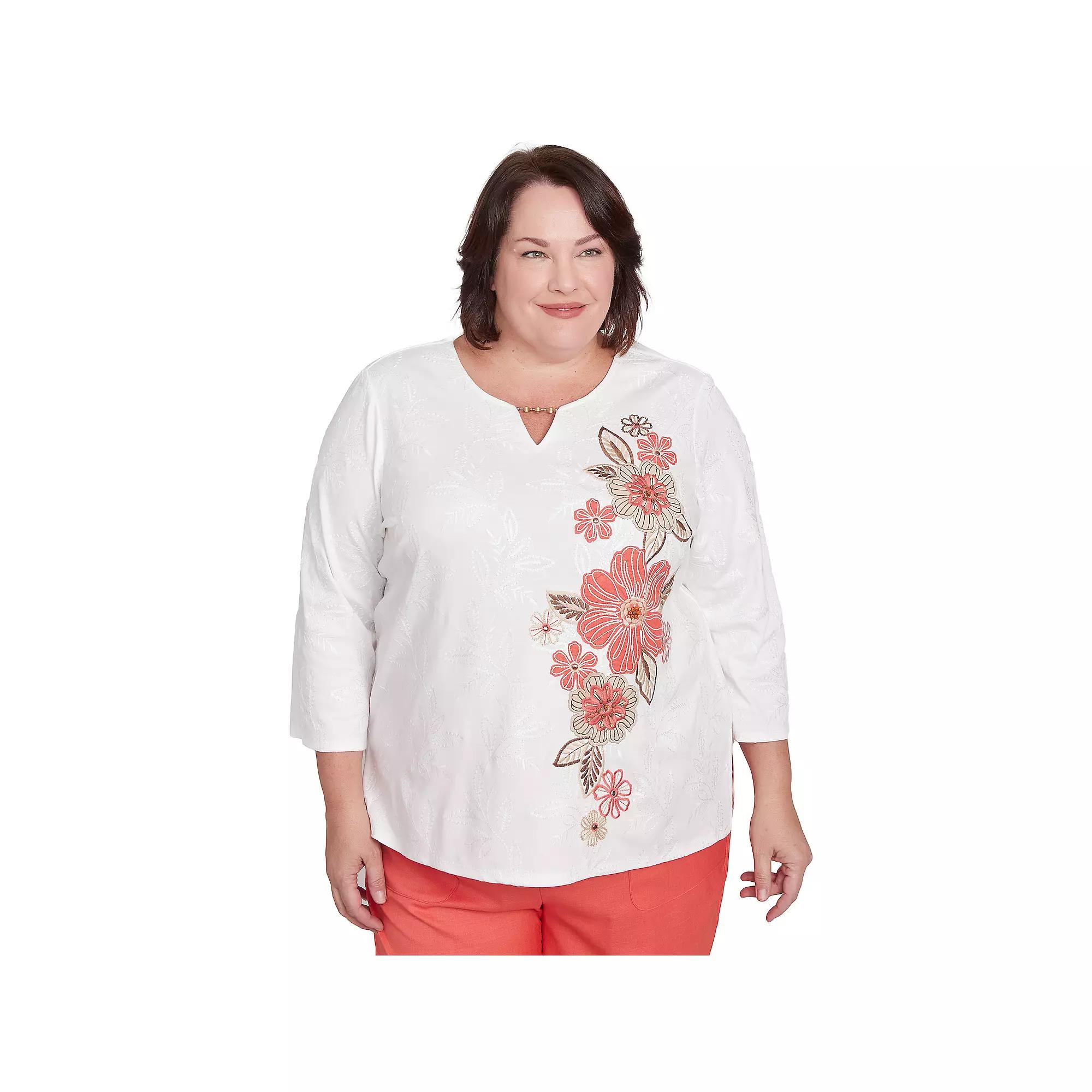 Plus Size Alfred Dunner Romantic Embroidered Floral Top, Women's, Size: 3XL, Ivory Product Image