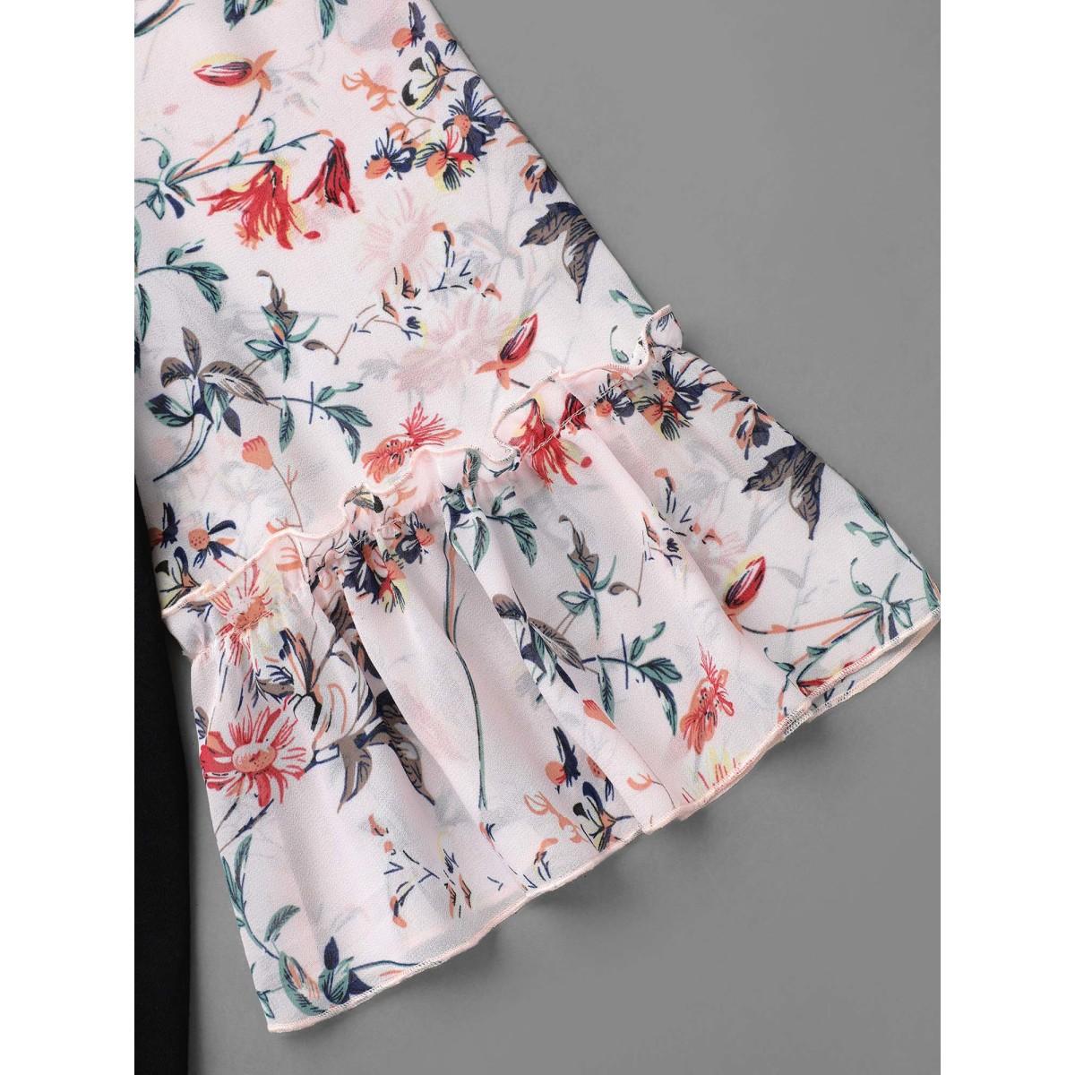 Plus Size Floral Print Patchwork Ruffle Sleeve T-Shirt Black Women Elegant Contrast Round Neck Everyday T-shirts BloomChic 14-16/1X Product Image