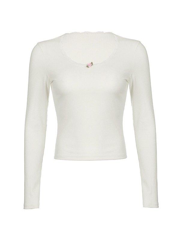 Lace Trim White Ribbed Knit Top Product Image