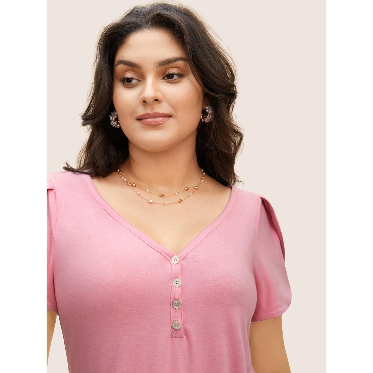 Plus Size Medium stretch Petal Sleeve Button Up T-shirt Watermelon Women Elegant Button V-neck Bodycon Everyday T-shirts BloomChic 10/M Product Image