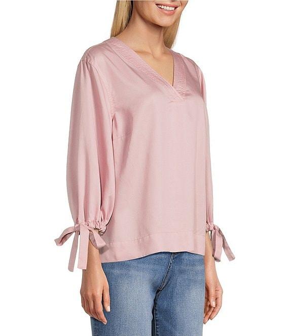 Westbound Woven 3/4 Tie Sleeve V-Neck Top Product Image