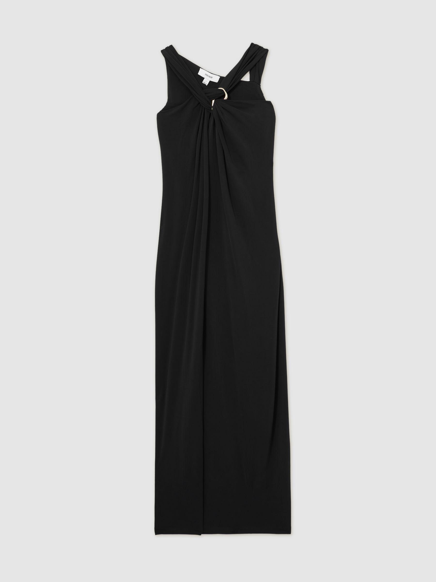 Gathered Neck Jersey Midi Dress in Navy Product Image