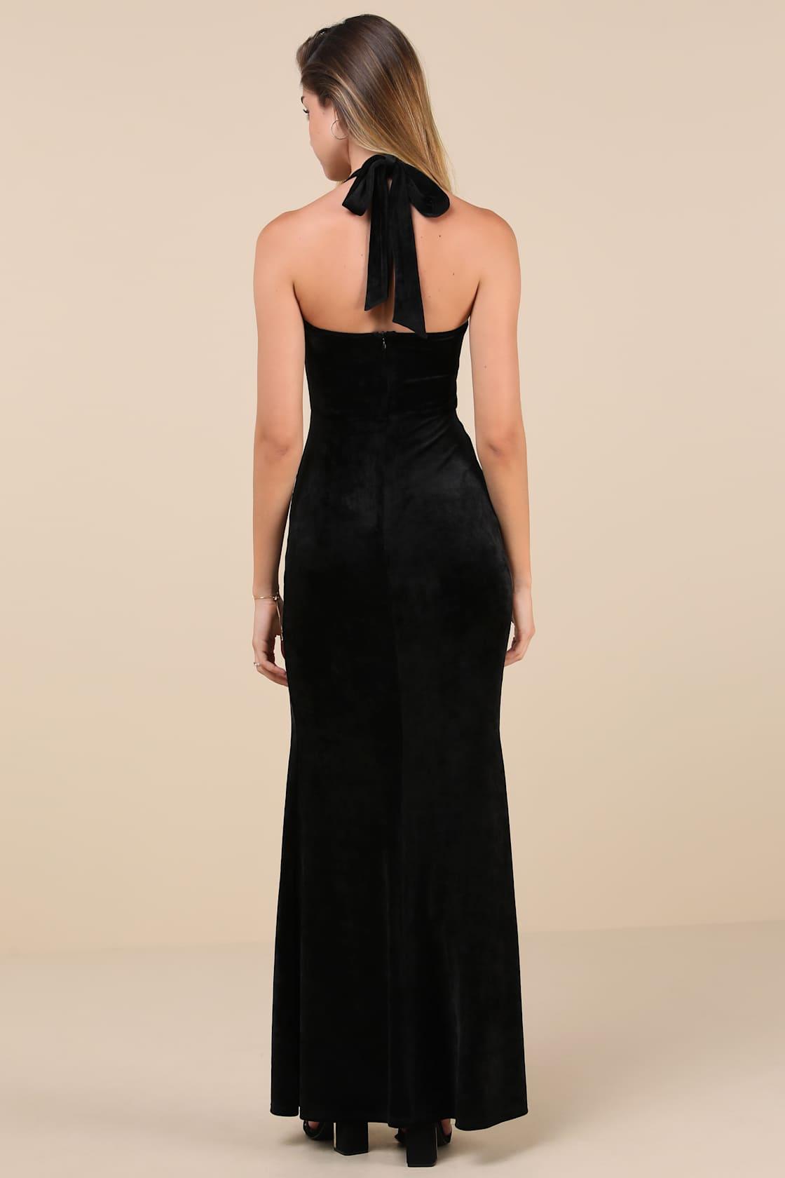 Luxurious Statement Black Velour Halter Mermaid Maxi Dress Product Image