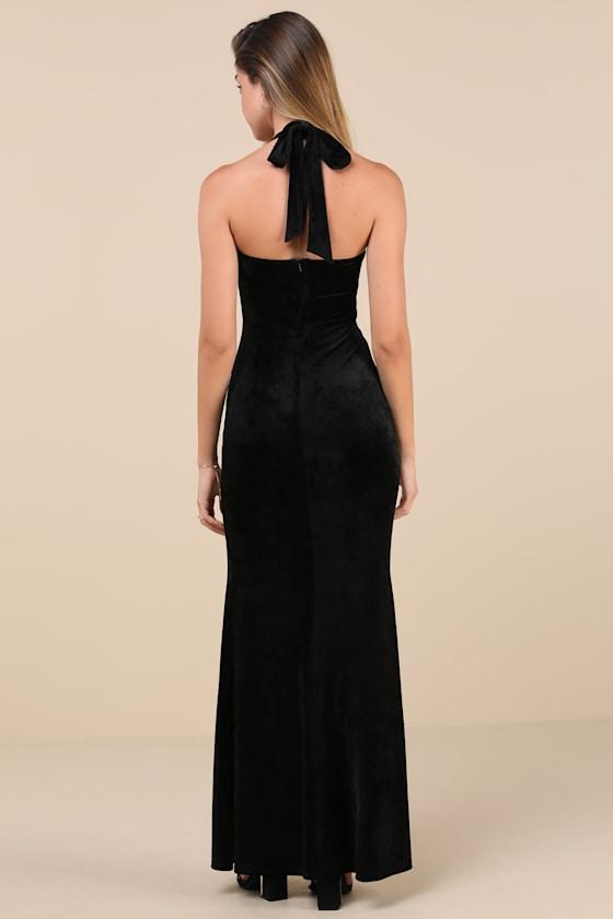 Luxurious Statement Black Velour Halter Mermaid Maxi Dress Product Image