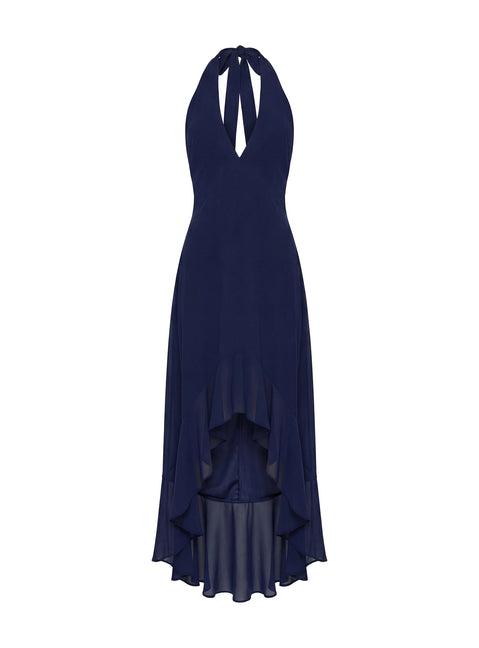 Agata Halter Frill Maxi Dress Navy Product Image