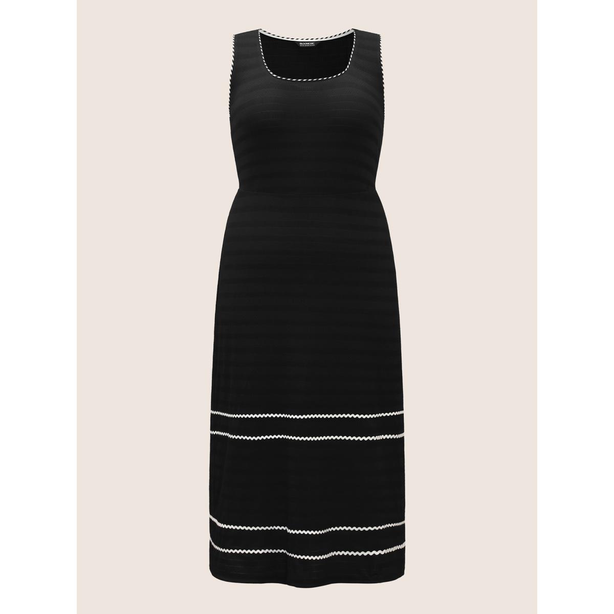 Plus Size Square Neck Contrast Webbing Split Hem Dress Black Women Elegant Woven ribbon&lace trim Square Neck Sleeveless Curvy BloomChic 14-16/1X Product Image