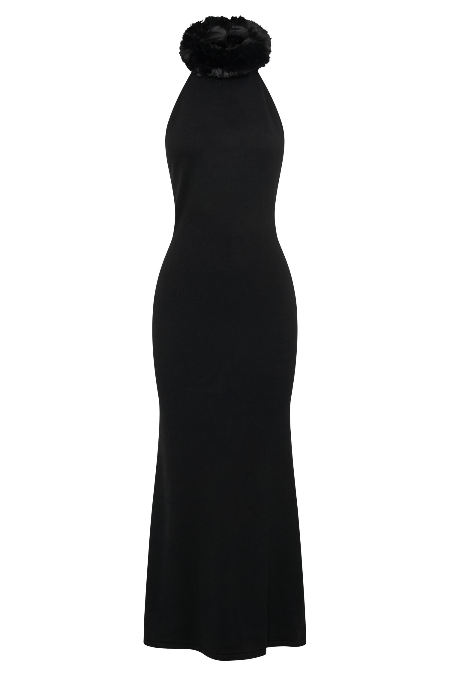 Elva Halter Knit Maxi Dress With Faux Fur - Black Product Image