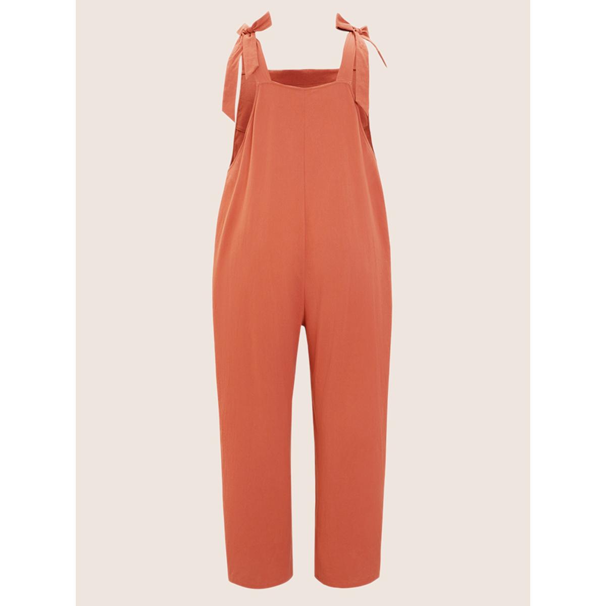 Plus Size Rust Solid Pleated Detail Pocket Knotted Shoulder Overall Jumpsuit Women Casual Sleeveless Non Everyday Loose Jumpsuits BloomChic 14-16/1X Product Image