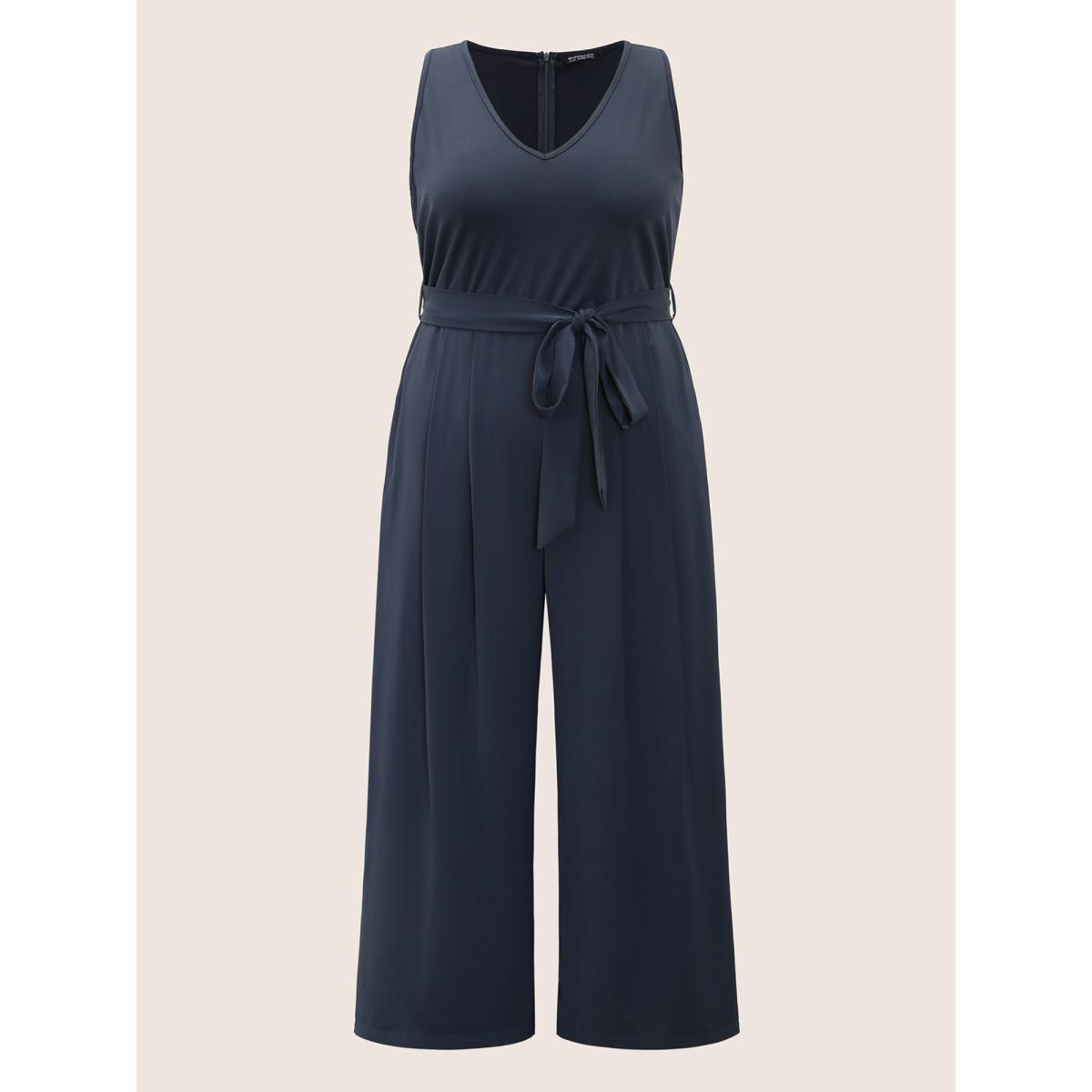 Plus Size DarkBlue Anti-Wrinkle Patchwork Pleated Detail Tank Jumpsuit Women Casual Sleeveless V-neck Everyday Loose Jumpsuits BloomChic 22-24/3X Product Image