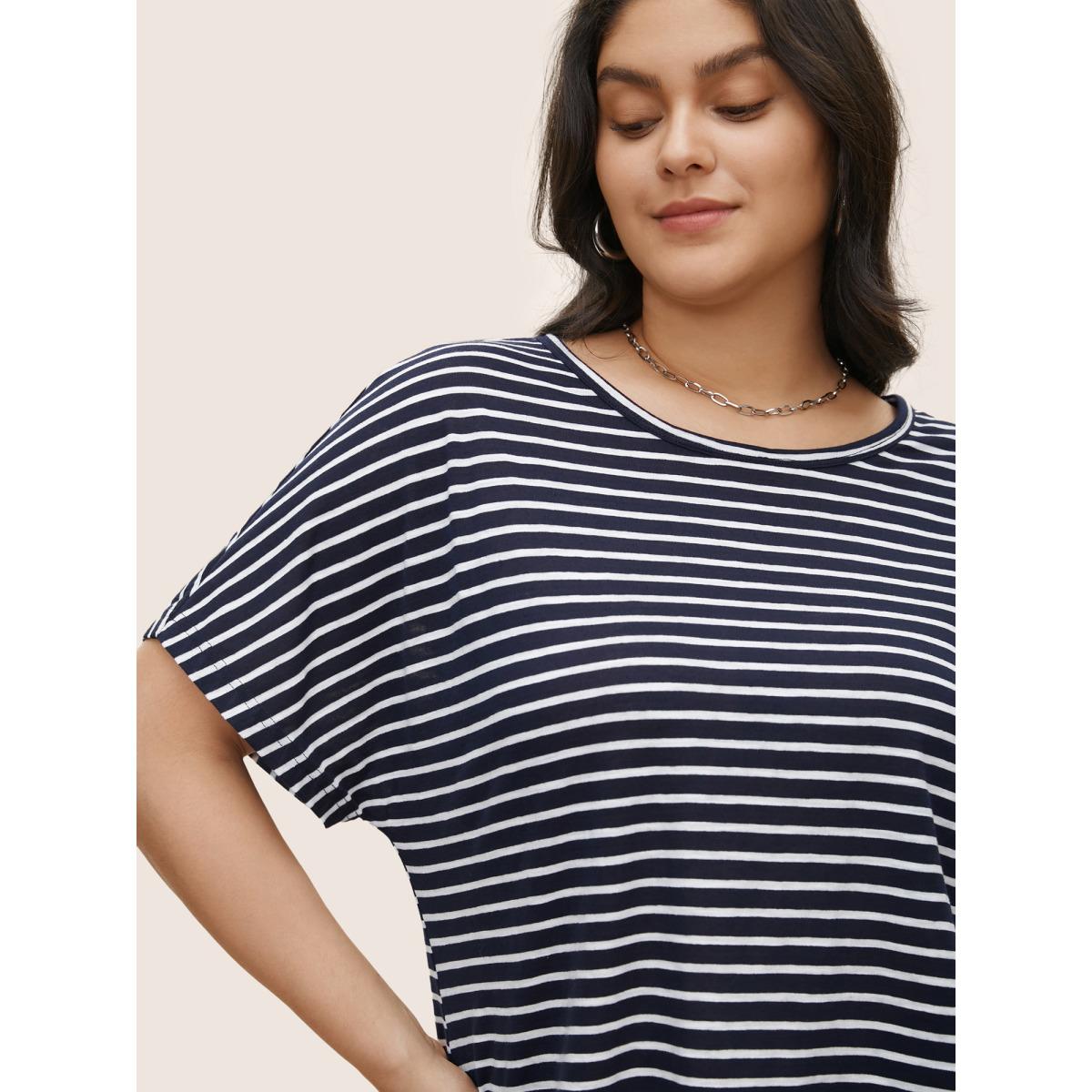 Plus Size Striped Dolman Sleeve Curved Hem T-shirt Midnight Women Casual Non Striped Round Neck Everyday T-shirts BloomChic 14-16/1X Product Image