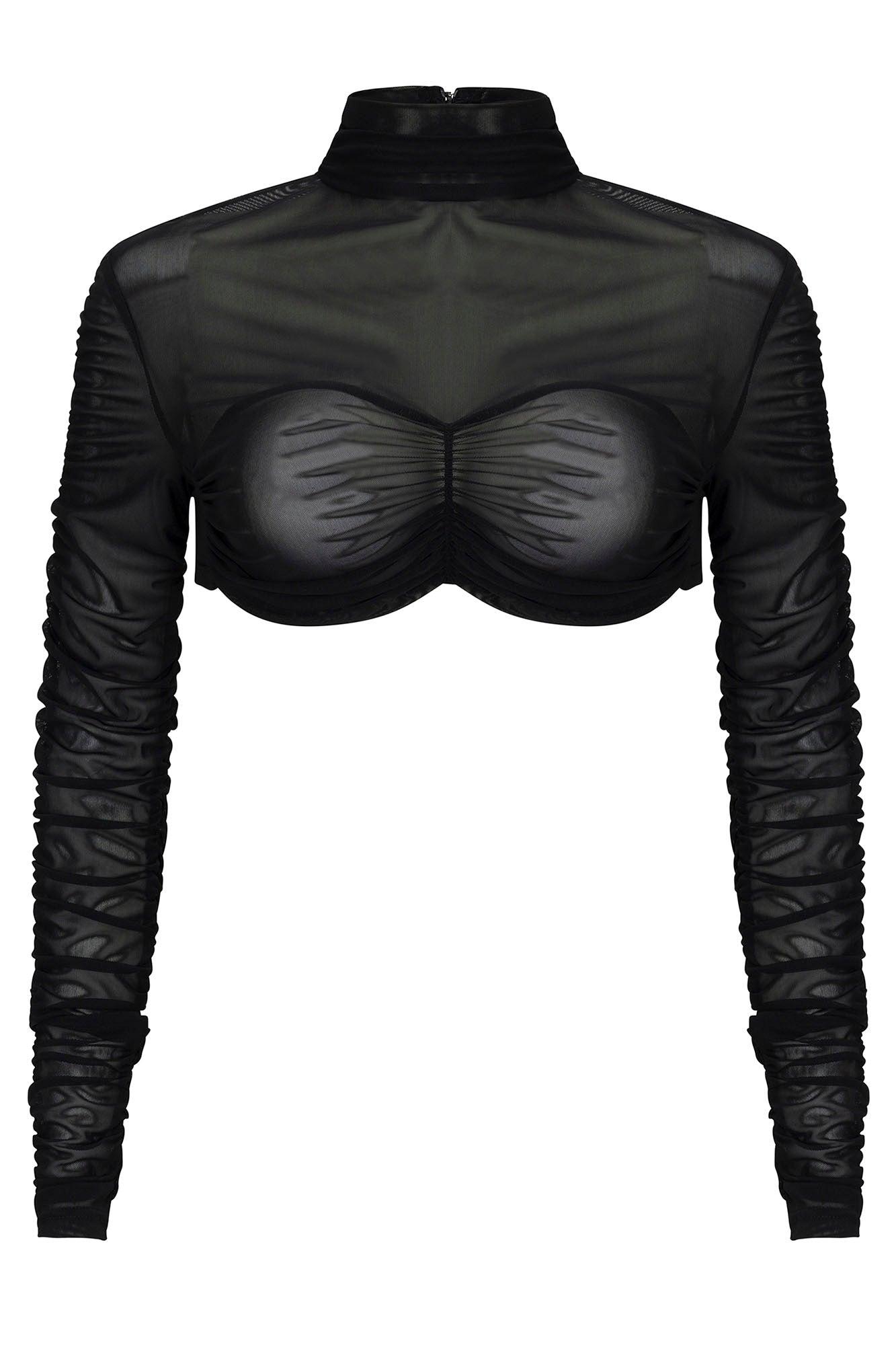 Cindy Sheer Ruched Crop Top - Black Product Image