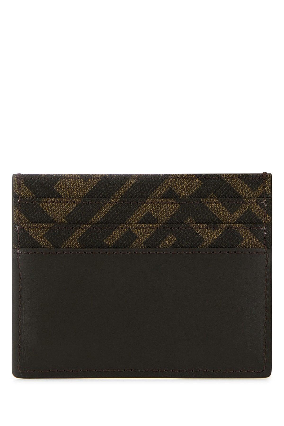 FENDI Brown Card-holder With Squared Ff Motif In Leather And Ff Canvas Man In Ebony Product Image