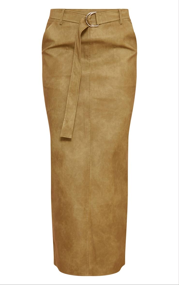 Premium Olive Washed Faux Leather Belted Maxi Skirt Product Image