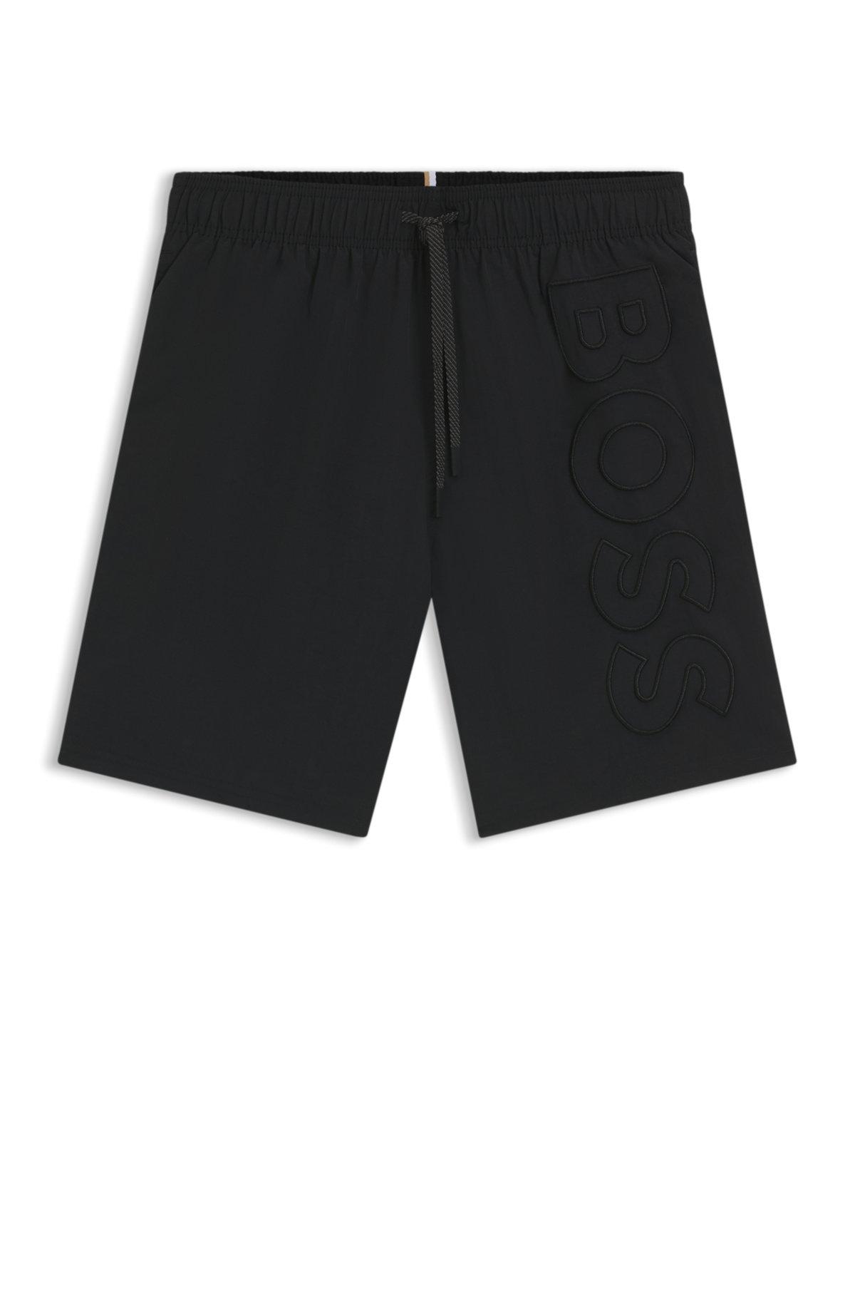 BOSS - Fully lined swim shorts with 3D logo embroidery - Black Product Image