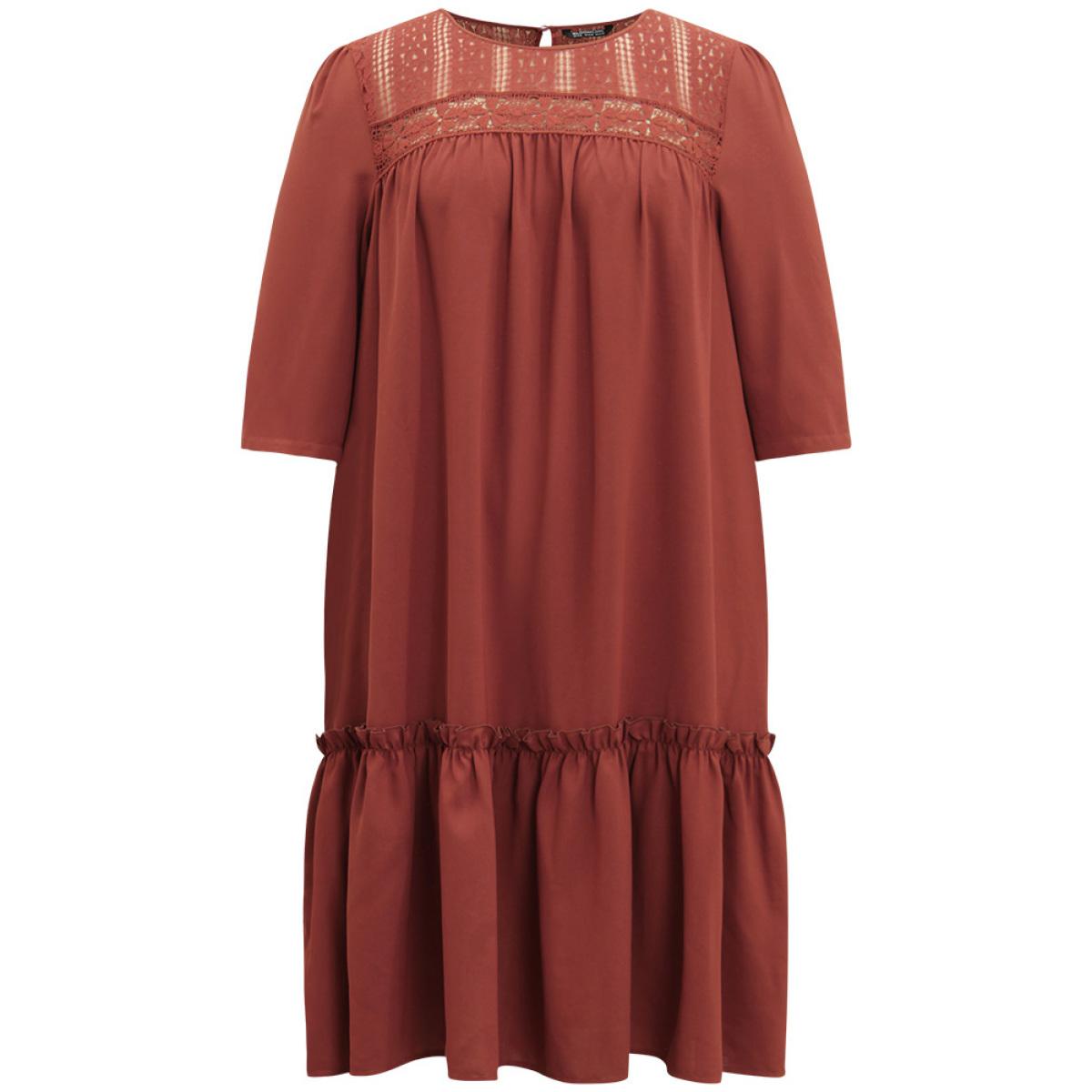Plus Size Guipure Lace Frill Trim Cut Out Ruffle Hem Dress Russet Women Casual Gathered Round Neck Elbow-length sleeve Curvy Midi Dress BloomChic 28/5X Product Image