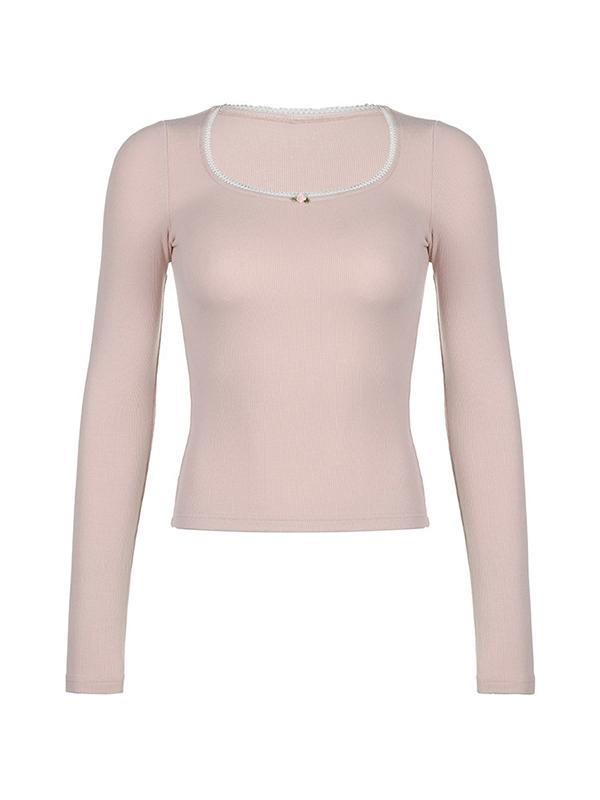 Contrast Color Lace Trim Slim Long Sleeve Knit Product Image