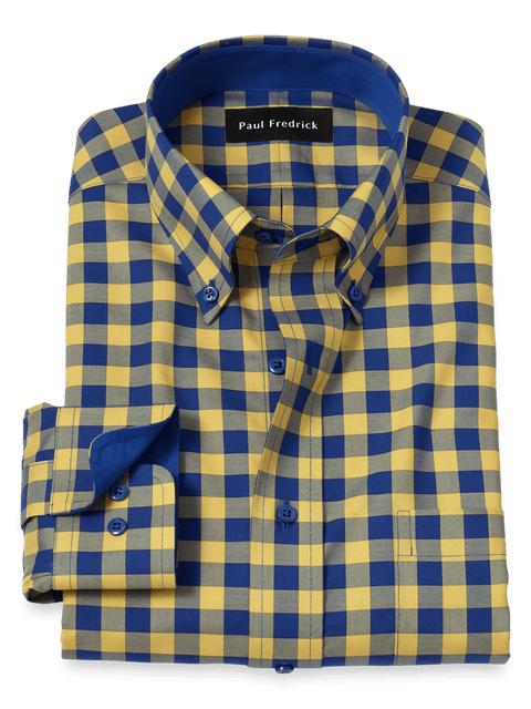 Non-Iron Cotton Gingham Dress Shirt With Contrast Trim - Blue/yellow Product Image