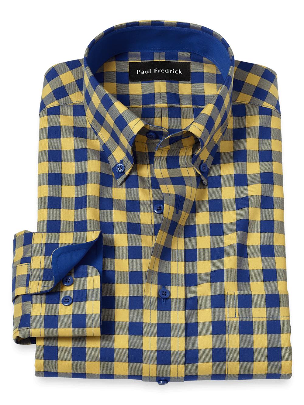 Non-Iron Cotton Gingham Dress Shirt With Contrast Trim - Blue/yellow Product Image